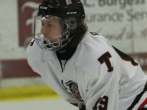 Dominic Bzdyl scored the Tikis' lone goal in Brockville's 4-1 loss to the Arnprior Packers at the Memorial Centre on Wednesday, Nov. 30, 2022. File photo/The Recorder and Times