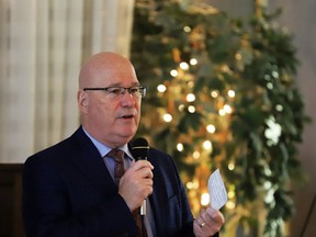 Leeds-Grenville-Thousand Islands and Rideau Lakes MPP Steve Clark, Ontario's municipal affairs minister, speaks at his annual Christmas gathering at the Brockville Convention Centre on Sunday afternoon, Dec. 4, 2022. (RONALD ZAJAC/The Recorder and Times)