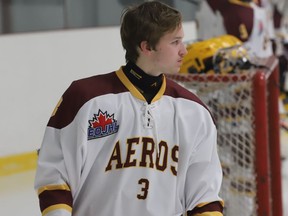 Athens forward Andrew Sprague, shown here at the start of the Aeros' home game on Saturday night, scored a hat trick and was named first star in Athens' 5-4 win at first-place Arnprior on Wednesday night.
Tim Ruhnke/The Recorder and Times