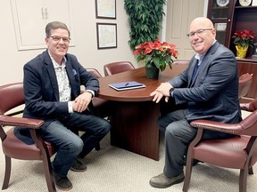 Leeds-Grenville-Thousand Islands and Rideau Lakes MPP Steve Clark, right, meets with Brockville Mayor Matt Wren at Wren's office. (SUBMITTED PHOTO)