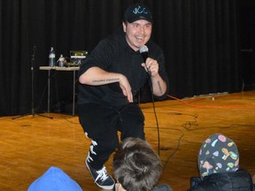 Rapper and hip-hop MC Northern Knowledge performs for students at South Grenville District High School in Prescott on Monday, Dec. 19.
Tim Ruhnke/The Recorder and Times