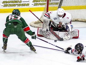 Sarnia Legionnaires goalie Logan Phillips faces a shot from St. Marys Lincolns' Jacob Chantler (67) at Pat Stapleton Arena in Sarnia, Ont., on Thursday, Dec. 1, 2022. (Shawna Lavoie Photography)