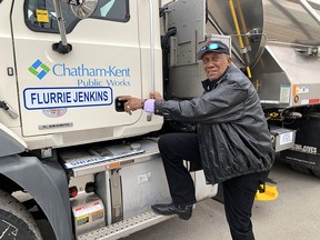 Hall of fame pitcher Fergie Jenkins visited the Chatham-Kent roads garage near Blenheim Friday to see the 'Flurrie Jenkins' snowplow named after him through an annual municipal naming contest. PHOTO Ellwood Shreve/Chatham Daily News