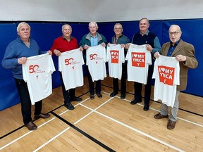 The Chatham-Kent Family YMCA Foundation recognized several 50-plus year members during an Ambassadors Breakfast on Friday. Seen here, from left, are many of those members, including: Bob Borrowman, Reg Johnson, Albert Mast, John Reinhardus, Dave Welton and Jake Janssens. Absent is Pat Curry. PHOTO Ellwood Shreve/Chatham Daily News