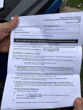 This N5 form received by Ron Moore is similar to what several residents of apartment units in fourplexes on Orchard Heights Drive owned by Vanroboys Enterprises Ltd., recently found in their mailboxes.  (Ellwood Shreve/Chatham Daily News)