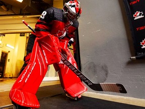 Sarnia Sting goaltender Ben Gaudreau playing for Team Canada at the 2021 Men's Under-18 Ice Hockey World Championship. (Hockey Hall of Fame/IIHF Images)