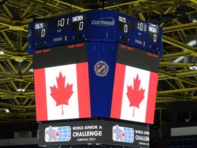 Now that's not a scoreboard seen very often at a Cornwall Colts game.  Photo taken Thursday, Dec. 8, 2022, in Cornwall, Ont.  Todd Hambleton/Cornwall Standard-Freeholder/Postmedia Network