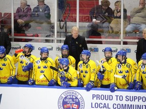 Team Sweden players and coaches on their bench during the pre-tournament tilt. Photo taken Thursday, Dec. 8, 2022, in Cornwall, Ont. Todd Hambleton/Cornwall Standard-Freeholder/Postmedia Network