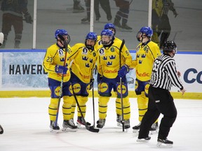 One of Sweden's many goal celebrations.  Photo taken Thursday, Dec. 8, 2022, in Cornwall, Ont.  Todd Hambleton/Cornwall Standard-Freeholder/Postmedia Network