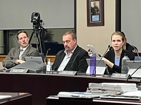 From left, Couns. Dean Hollingsworth, Maurice Dupelle, and Sarah Good, during the water budget debate on Monday, December 12, 2022, in Cornwall, Ont. Todd Hambleton/Cornwall Standard-Freeholder/Postmedia Network