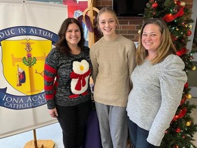 From left at Iona Academy are French Immersion teacher Anik Chevalier, Hailey McDonald and Tanya McDonald. Photo on Thursday, Dec. 22, 2022, in St. Raphael's, Ont. Todd Hambleton/Cornwall Standard-Freeholder/Postmedia Network