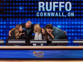 A Ruffo huddle on the set, (from left) Maddie, Perry, Kim, Brittney, and Joah Vaillancourt. Handout/Cornwall Standard-Freeholder/Postmedia Network
