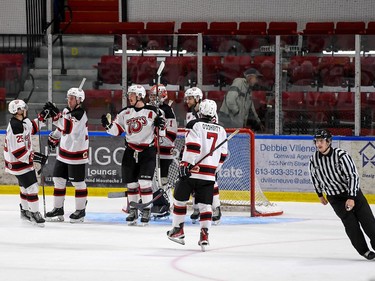 Kemptville 73's players celebrate their 4-1 win against the Cornwall Colts on Thursday December 1, 2022 in Cornwall, Ont. Robert Lefebvre/Special to the Cornwall Standard-Freeholder/Postmedia Network