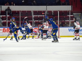 Robert Lefebvre/Hockey Canada Images Members of the Swedish team celebrate a goal against Canada West at the World Junior A Challenge, held at the Cornwall Civic Complex on Thursday, Dec. 15, 2022. Sweden won the game 5-3.