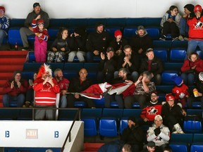 Robert Lefebvre/Hockey Canada ImagesSome Canadian fans in the stands during the World Junior A Challenge gold-medal game between the U.S. and Canada East at the Cornwall Civic Complex on Sunday, Dec. 18, 2022. The U.S. won 5-2.