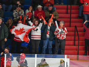 Robert Lefebvre/Hockey Canada Images
Some Canadian fans in the stands during the World Junior A Challenge gold-medal game between the U.S. and Canada East at the Cornwall Civic Complex on Sunday, Dec. 18, 2022. The U.S. won 5-2.