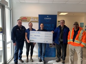 Compass Minerals donated $10,000 to Huron Hospice. (L-R): Craig Mainz, Compass Minerals Goderich Mine Manager, Amy Boyce, Compass Minerals Mine Employee, Lisa Svavich, Compass Minerals Goderich Plant Employee, Christopher Walker, Manager Fund Development Huron Hospice, Chandra Medavarapu, Compass Minerals Plant Manager, Goderich Plant. Submitted