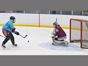 Julia McIntosh of the Assumption Lions takes a shot that would get past Pauline Johnson Thunderbirds goalie Julia Coleman during a high school girls hockey game on Wednesday at the Wayne Gretzky Sports Centre in Brantford. Brian Thompson/Brantford Expositor/Postmedia Network