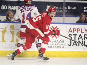Soo Greyhounds forward Landen Hookey in first-period OHL action against the Kitchener Rangers on Friday night. The Hounds dropped a 9-0 decision to the Rangers. The club is in Guelph Saturday afternoon for a 2 p.m. puck drop.