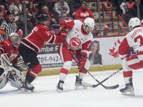 Soo Greyhounds forward Ethan Montroy (#11) scored once and assisted on another goal as the Hounds earned a 5-3 win over the Owen Sound Attack on Sunday afternoon at the GFL Memorial Gardens.