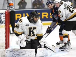 Kingston Frontenacs goaltender Ivan Zhigalov keeps his eyes on the puck after making a save during an Ontario Hockey League game at the Leon's Centre on Sunday.