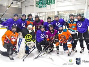 A Queen's University women's team that took part in the Queen's Cure Cancer Classic hockey tournament late in November 2022 at the Invista Centre in Kingston.