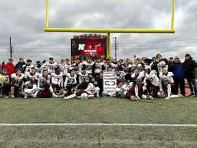 The Frontenac Falcons celebrate their 15-9 win over the Belle River Nobles at the OFSAA Eastern Bowl in Guelph on Wednesday.