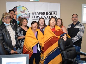 Past and present leaders came together to celebrate the official recognition of Beaverhouse First Nation on May 21, 2022. Pictured from L-R are: Elder Tom Wabie, Grand Chief Derek Fox, Nishnawbe-Aski Nation (NAN); Councillor Diane Meaniss, Past Chief Gloria McKenzie, Councillor Brianna Moore, Past Chief Sally Susan Mathias Martel (Marcia Brown-Martel), Councillor Kayla Batisse and Chief Wayne Wabie. Photo - Xavier Kataquapit.