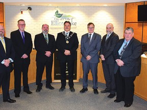 Photo by KEVIN McSHEFFREY
Elliot Lake new council is made up of councillors Merrill Seidel, Rick Bull, Andrew Wannan, Mayor Chris Patrie, councillors Charles Flintoff, Norman Mann, and Luc Morrissette. They will sit for the four-year term.