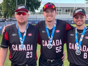 The Ontario representatives on the Canadian senior men's softball team to win silver medals at the WBSC championships in New Zealand included Tyler Sebastian (left), of Brussels; Quinten Bruce, of Grand Valley and Tyler Pauli, of Mitchell.