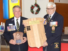 During Royal Canadian Legion Branch 72's 2022 Honours and Awards, the Veteran of the Year award was presented to both branch President Stan Halliday and Rick St-Jean. In the photo, Honours and Awards chairman Bob Handspiker (right) presents Halliday with the award. Halliday is credited with guiding the branch through the COVID pandemic, engaging with fundraising, volunteering at Delta Bingo and Gaming, helping and guidiing the branch's many volunteers, and much more. St-Jean (absent in the photo) served in the Canadian Armed Forces for decades. At the branch he helps in the kitchen and out on the barbecue. He quietly makes monetary donations and provides his woodworking skills for the branch's benefit. Anthony Dixon