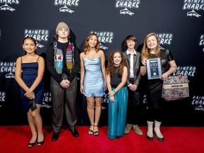 Walking the red carpet at one of the Painted Sharks screenings were Studio Dreamshare in downtown Pembroke actors, from left, Dania Nizaha, Jack Spooner, Aliah Nizaha, EllaGrace Gardner, Nathan Mansour and Cameron Montgomery. Photo by Rheal Doucette