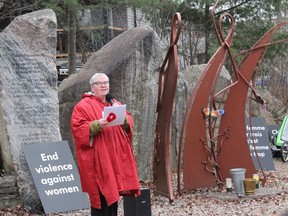 End Violence Against Women Renfrew County spokesperson JoAnne Brooks addresses the crowd that gathered for the Dec. 6 Vigil at the Women's Monument on Harry Street in Petawawa. Anthony Dixon