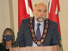 New Pembroke Mayor Ron Gervais delivers his address during the inaugural meeting of the 2022-26 council held at the Clarion Hotel on Nov. 29. Anthony Dixon