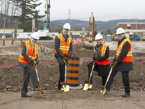 From left, Fred Dermarkar, AECL president and CEO; Jim Burpee, chairperson of the AECL Board of Directors; Sue D'Eon, mayor of the Town of Deep River; and Joe McBrearty, CNL president and CEO, participate in a ground-breaking ceremony at the Chalk River Laboratories campus to celebrate construction of the Advanced Nuclear Materials Research Centre. Canadian Nuclear Laboratories photo