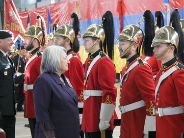 Her Excellency the Right Honourable Mary Simon, the Governor General and Commander-in-Chief of Canada, inspects the Dragoons on parade during the Change of Guidon ceremony on Dec. 9. Anthony Dixon