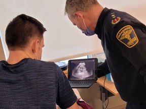 As part of the point of care ultrasound (POCUS) certification event, members of the County of Renfrew Paramedic Service could view the images by connecting the ultrasound device to a tablet. County of Renfrew photo