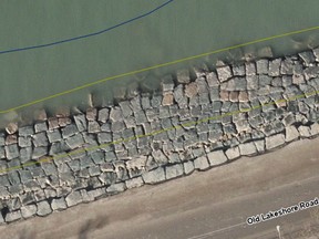 An aerial shot in 2021 after the revetment was placed shows some of the rocks at the water's edge placed in a rough fashion, the City of Sarnia's David Jackson says.  (Submitted)