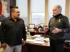 Aamjiwnaang Chief Chris Plain and Sarnia Mayor Mike Bradley recently met in Bradley's city hall office to discuss their relationship and the relationship between the two communities. (Tyler Kula/ The Observer)