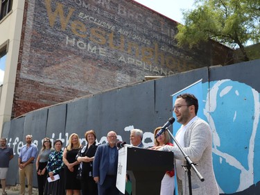 Alessandro Costantini, artistic director of YES Theatre, makes a point at a funding announcement for YES Theatre's Refettorio on Durham Street in downtown Sudbury, Ont. on Wednesday June 29, 2022. John Lappa/Sudbury Star/Postmedia Network
