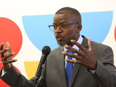 Charles Nyabeze, interim executive director of the Northern Ontario Black Economic Empowerment Program (NOBEEP), makes a point at the grand opening of the NOBEEP office at 73 Elm Street in Sudbury, Ont. on Wednesday July 20, 2022. John Lappa/Sudbury Star/Postmedia Network