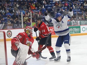 Quentin Musty, right, of the Sudbury Wolves, celebrates a goal during OHL action against the Owen Sound Attack at the Sudbury Community Arena in Sudbury, Ont. on Friday December 2, 2022. John Lappa/Sudbury Star/Postmedia Network