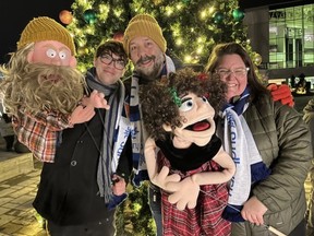 The cast of Little Skidoo performed at the Tree Lighting celebration at Tom Davies Square this past weekend. From the left are puppet Woolly Mammoth, Joel Giroux, Stef Paquette, puppet Dominique and Natalie Lalonde. The family production Little Skidoo is on stage Dec. 9 and 10 for four performance. Go to www.littleskidoo.ca for details. Supplied