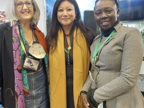 Cathy Orlando of Sudbury with Mrinalini Rai, director of Women 4 Biodiversity and UN CBD Women's Caucus co-coordinator, and Gloria Bulus, Citizens' Climate International leader from Kaduna, Nigeria.