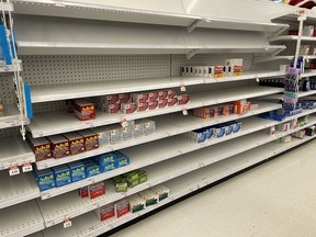 Shelves sit half empty in the adult cough and cold section at the Shopper’s Drug Mart at 227 Algonquin Blvd. E. on Tuesday. The shortage is expected to end between January and March of 2023, said Jen Belcher with the Pharmacists Association of Ontario. The timing would coincide with the end of the cold and flu season.NICOLE STOFFMAN/The Daily Press