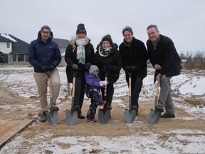 Habitat for Humanity Heartland Ontario held a groundbreaking ceremony in Tillsonburg on Dec. 1 for a new home they are building on Braun Street. From left are David Looby, Hayhoe Homes; Tillsonburg Mayor Deb Gilvesy; Brooklynn and Melissa Brighton; Al MacKinnon, CEO Habitat for Humanity Heartland Ontario; and Marcus Ryan, Oxford County Warden. CHRIS ABBOTT