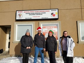 Getting ready to provide food baskets were Blaire Westberry, Executive Director of programs for APANO, Derrick Chmilewski and Freda Ouellette of Agnico Eagle – Detour Lake Mine site, Indigenous Affairs and Linda Archibald,  Community Wellness Coordinator. Missing from the photo are Howard Archibald and Sky Chokomolin of the Indigenous Affairs team.