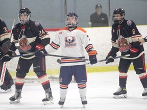 Soo Thunderbirds rookie Jacskon Truchan in NOJHL action against the Blind River Beavers. The Farmington Hill, Mich., resident is second in team scoring, averaging more than one point-per-game.