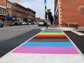 Meaford's Rainbow Crosswalk is painted at the Trowbridge Street East and Sykes Street East intersection near the town's new library within the boundary of the town's former Business Improvement Area (BIA). Meaford's council recently voted unanimously to dissolve the BIA and replace it with a more dynamic and flexible Main Street organization. Greg Cowan/The Sun Times