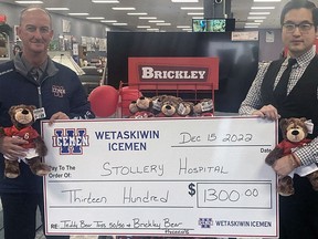 Thanks to the generosity of the Wetaskiwin Icemen fans, Icemen president Garry Bushnell and Wetaskiwin Brick store manager Bill Yuan are sending a $1,300 cheque to the Stollery Children’s Hospital. The money comes from the proceeds of the Icemen’s Teddy Bear toss 50/50 and the purchase of Brickley Bear sales.
The Icemen also dropped off five large bags of bears to Wetaskiwin and District Victim Services, along with an individual’s donation of $500.